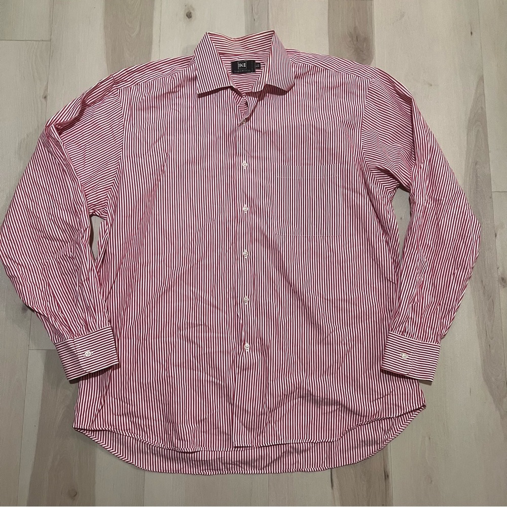 Ike Behar Red and White Long Sleeve Button Up Dress Shirt